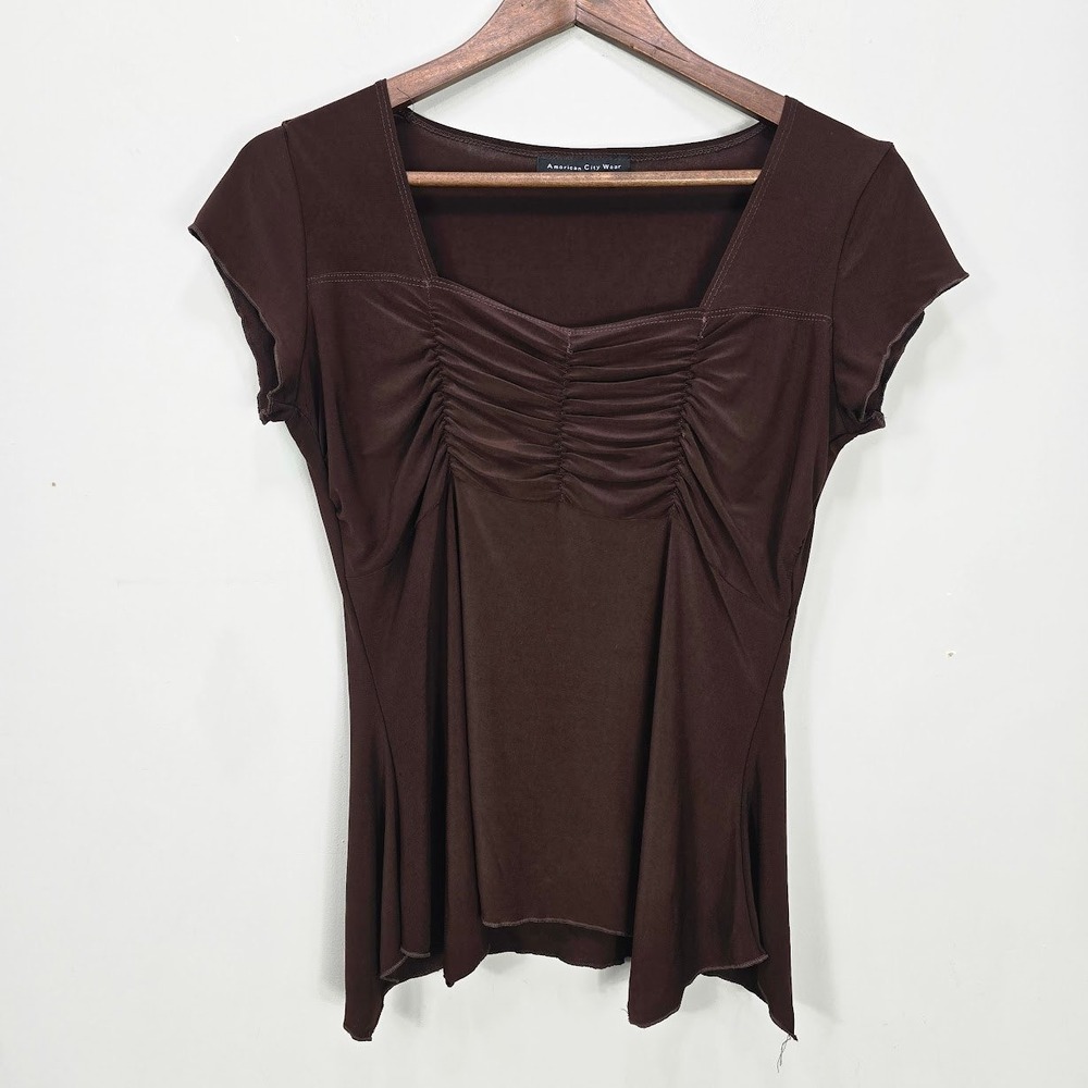 Vintage Y2K Babydoll Top M Ruched Bust Asymmetric Hem Whimsigoth Grunge Festival